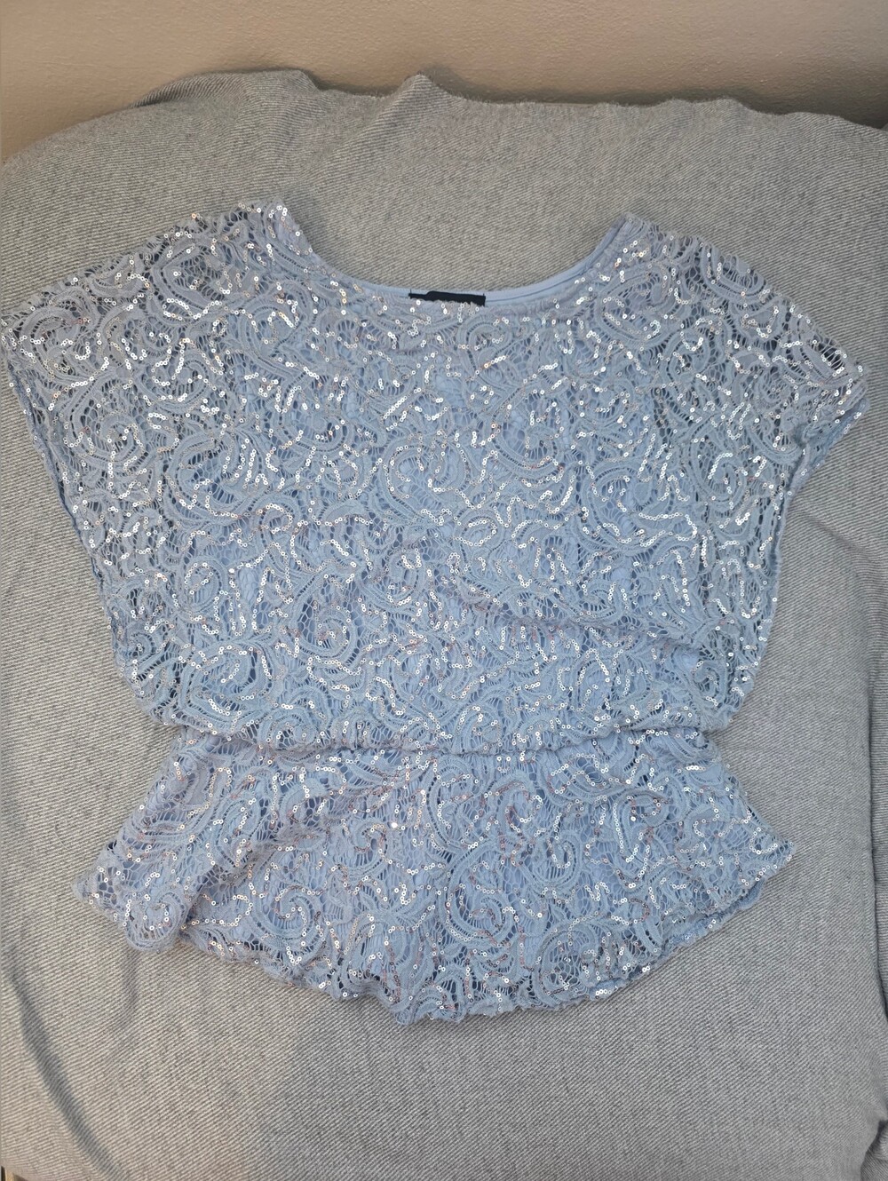 Alex Evenings Light Blue Sequin Lace Peplum Top